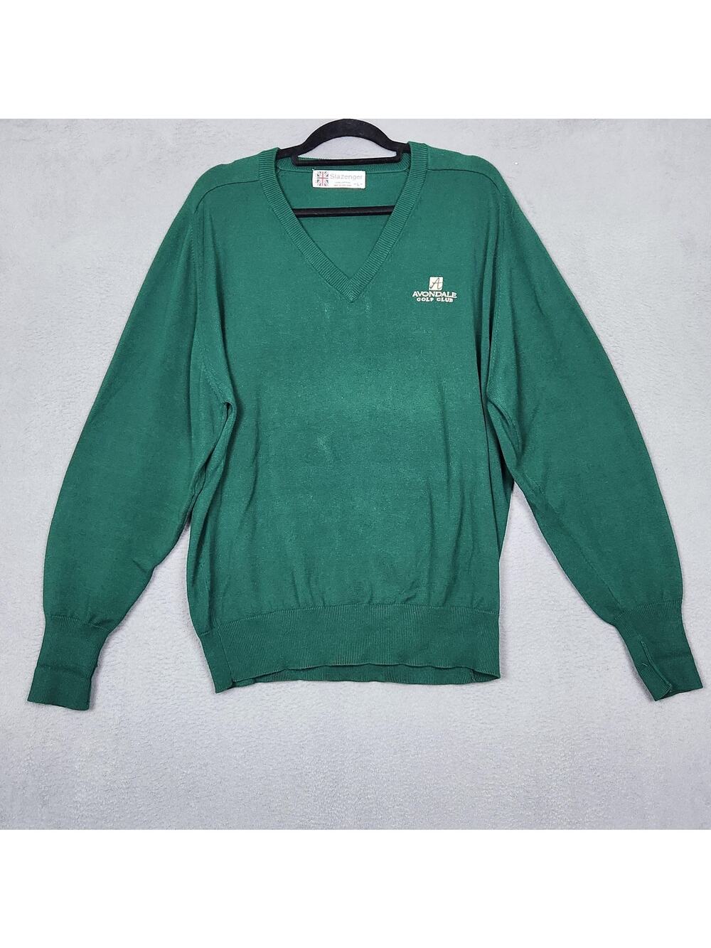 Vintage Slazenger Sweater Mens Large Green V Neck Avondale Golf Club Knit 80s
